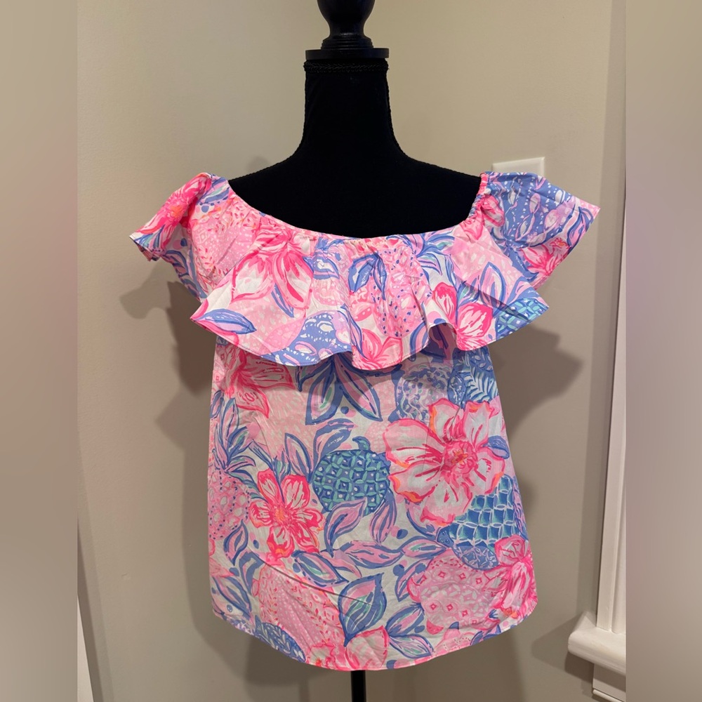 Lilly Pulitzer Pink and Blue Off-Shoulder Ruffle Floral Top